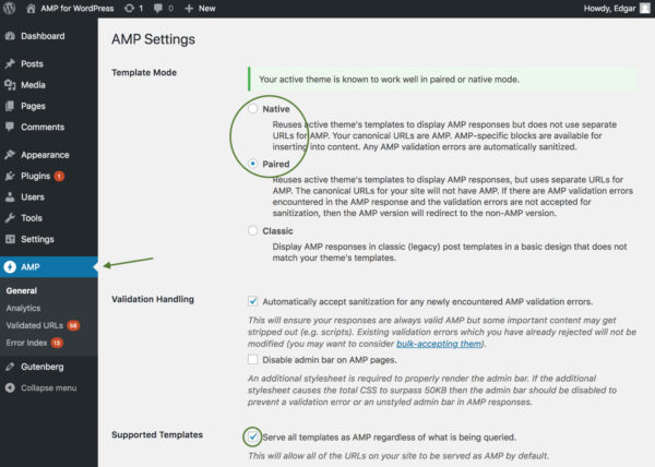 AMP Settings page