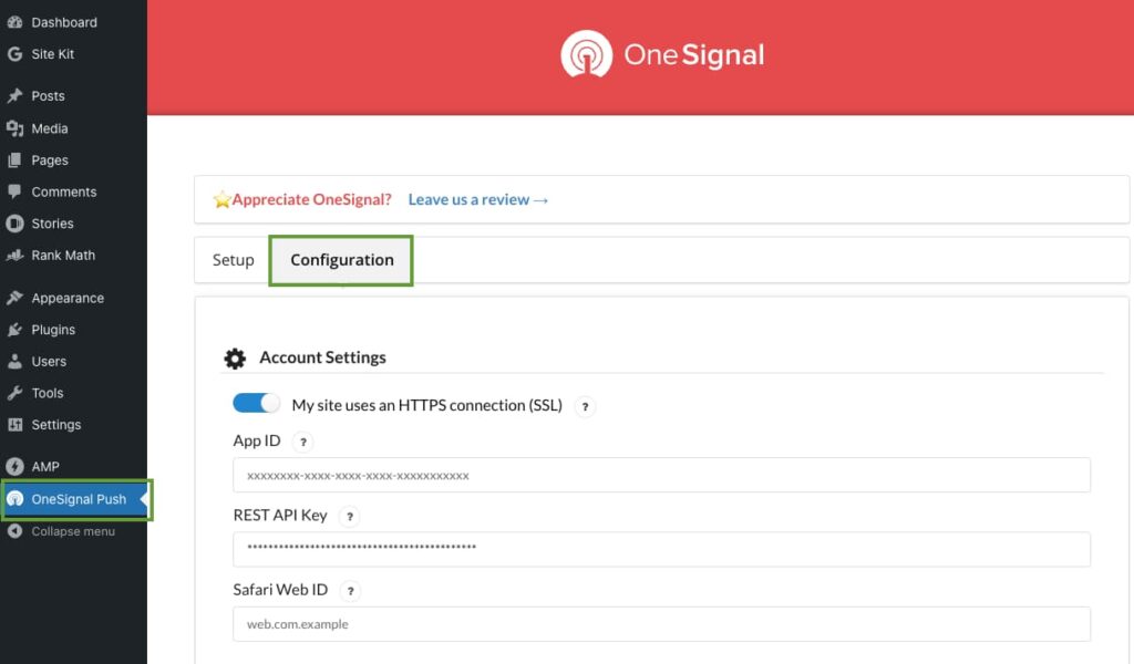 onesignal configuration page